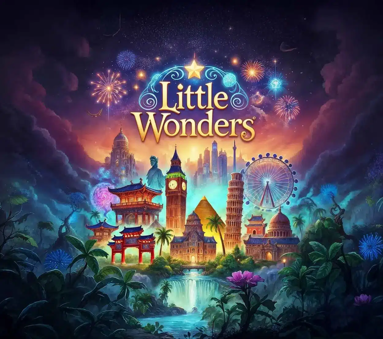 Ilustración promocional de Little Wonders con monumentos del mundo en miniatura y fuegos artificiales, experiencia inmersiva de Onirica VR